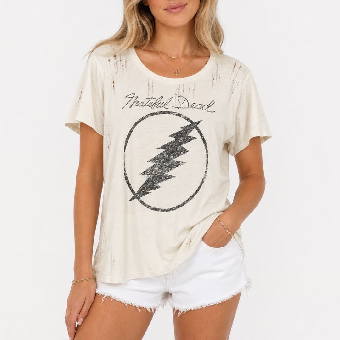 Chaser Grateful Dead Distressed Graphic T-Shirt Cream Lightning Bolt Logo Mens M
