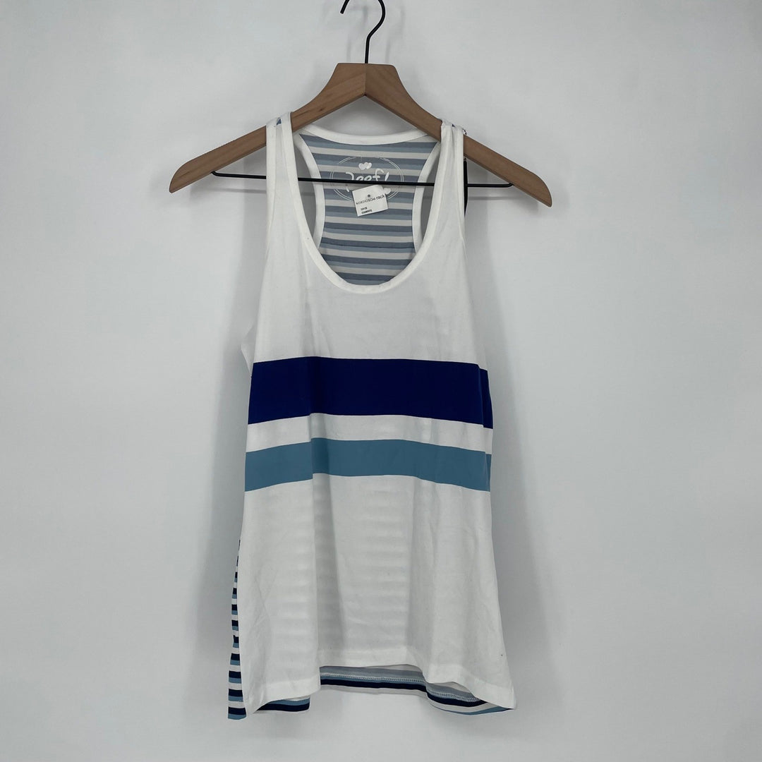 Poof! Womens Striped Racerback Tank Top Size Small White Blue
