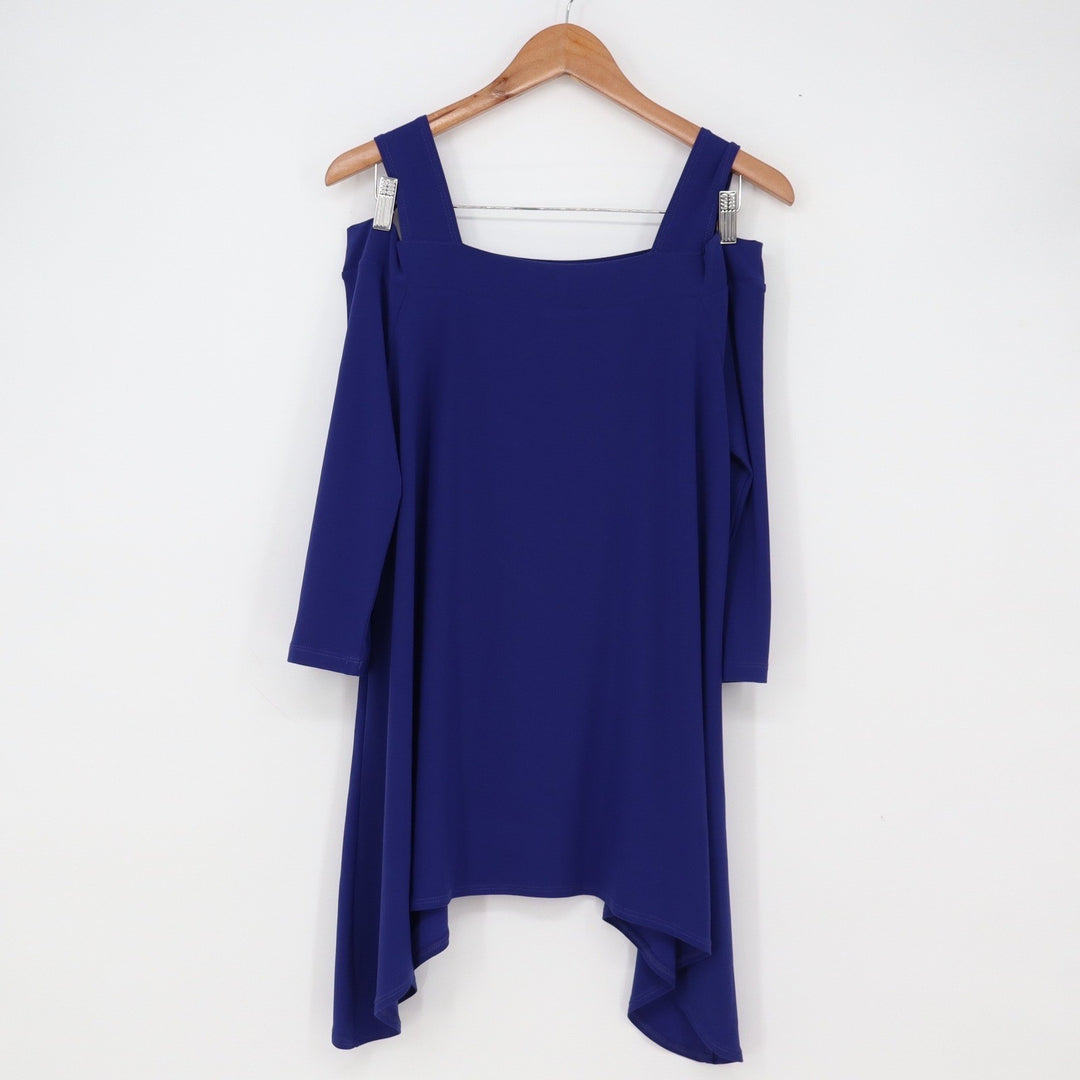 Clara Sunwoo Tunic Top Womens L Cold Shoulder Blue Sharkbite Hem Excellent