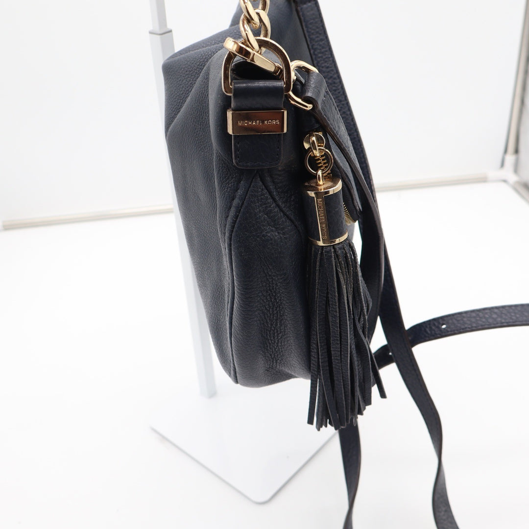 Michael Kors Bedford Navy Blue Pebbled Leather Shoulder Bag Gold Hardware Tassel
