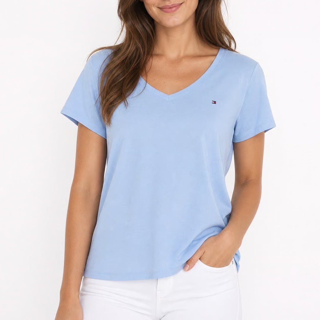 Tommy Hilfiger Mens XXL Light Blue Cotton V-Neck Short Sleeve Logo T-Shirt