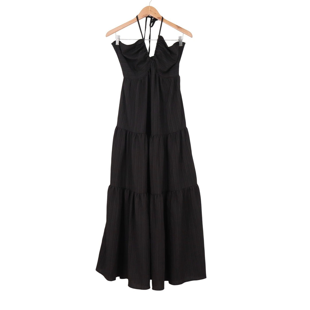 SHEIN Black Halter Tiered Maxi Dress Back Cutout Tie Size L 8/10