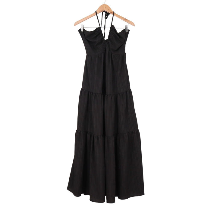 SHEIN Black Halter Tiered Maxi Dress Back Cutout Tie Size L 8/10