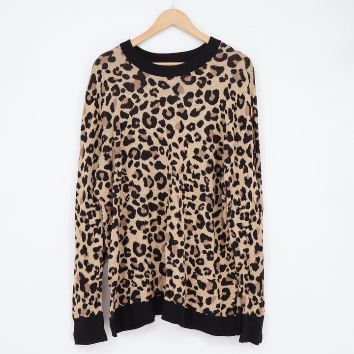 Ava & Viv Womens 2X Leopard Print Crewneck Sweater Tan Black Cotton Blend