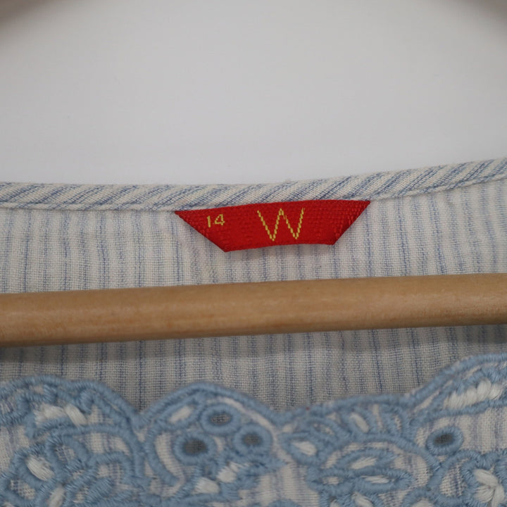 W for Woman Blue Striped Lace Neck Tunic Kurti Top Rayon Flax Size 14