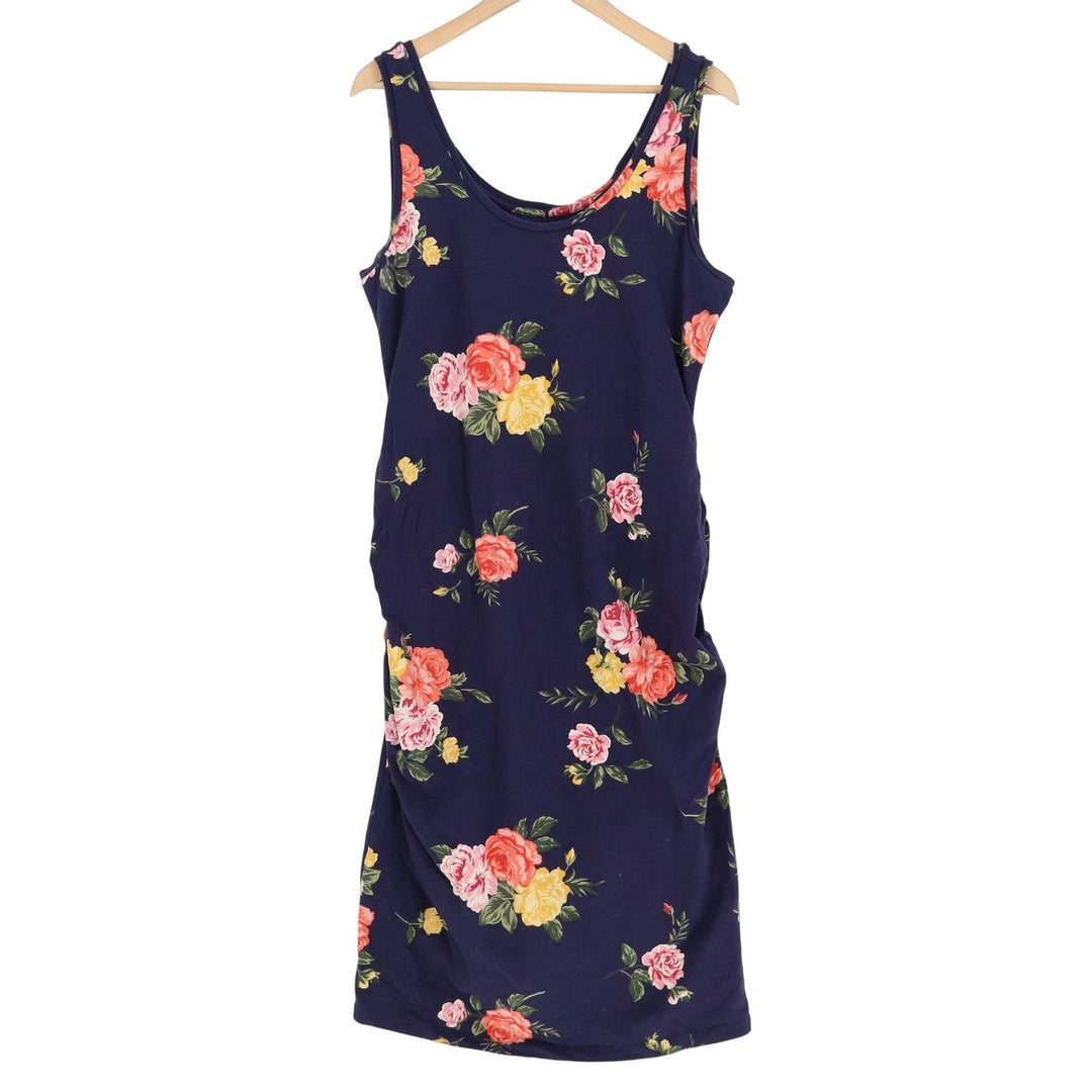 Old Navy Maternity XL Navy Floral Ruched Sleeveless Fitted Midi Dress Rose Print