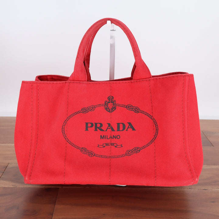 Prada Canapa Tote Bag Red Canvas Logo Handbag Rosso Gold Hardware