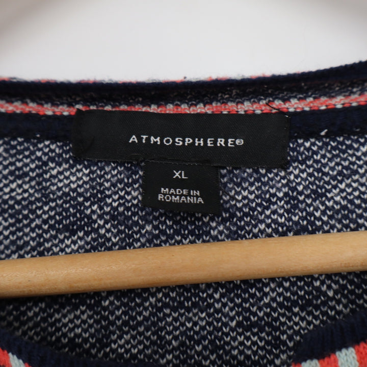 Atmosphere Womens XL Fair Isle Open Front Cardigan Navy Coral Geometric Knit