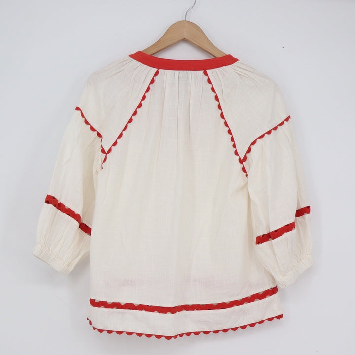 Rose and Rose Ivory Red Ric-Rac Trim Cotton Gauze Peasant Blouse Small Boho Top
