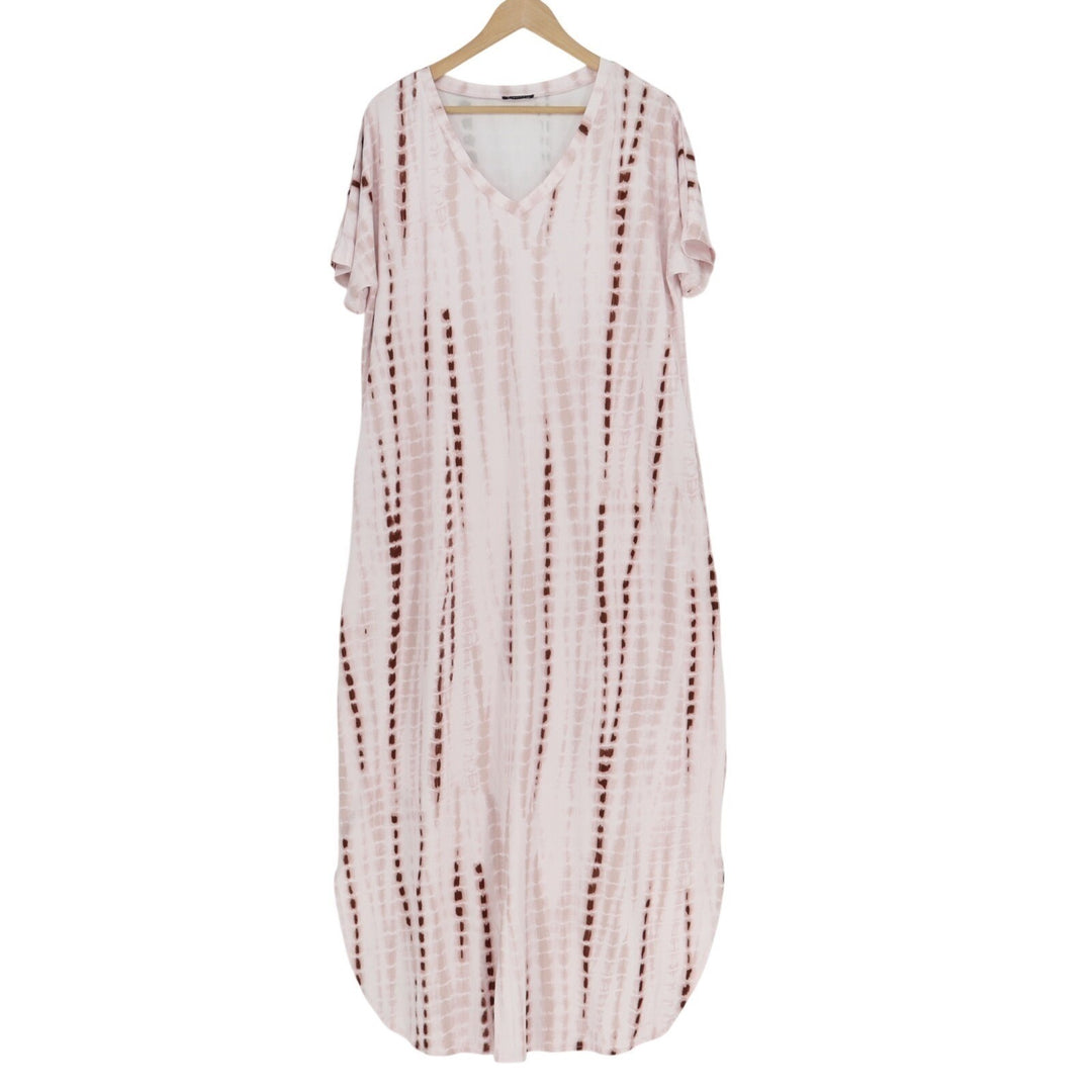 Arolina Boho Maxi Dress Womens 2XL Pink Tie Dye Stretch Short Sleeve V-Neck