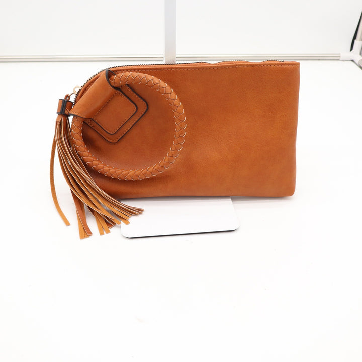 Unbranded Clutch Womens OS Wristlet Cognac Brown Braided Ring Tassel Excellent