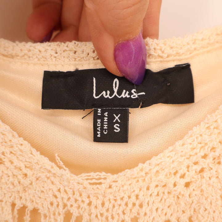 Lulus Sunset Vibes Midi Dress Womens XS Beige Crochet Sleeveless Scalloped Hem