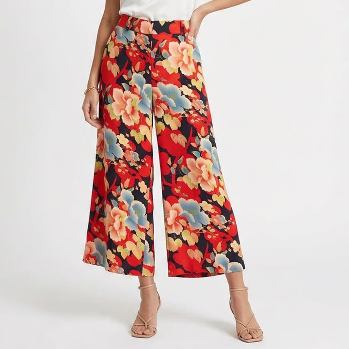 Ann Taylor LOFT Red Floral Wide Leg Cropped Pants Size 0 High Rise Flowy