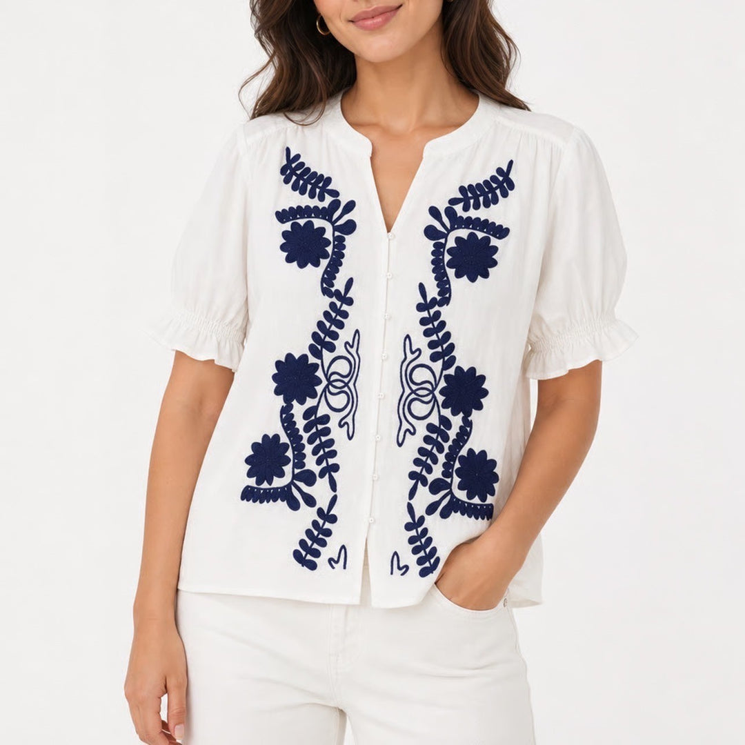 BTFBM Womens XL White Navy Blue Floral Embroidered Button Down Blouse