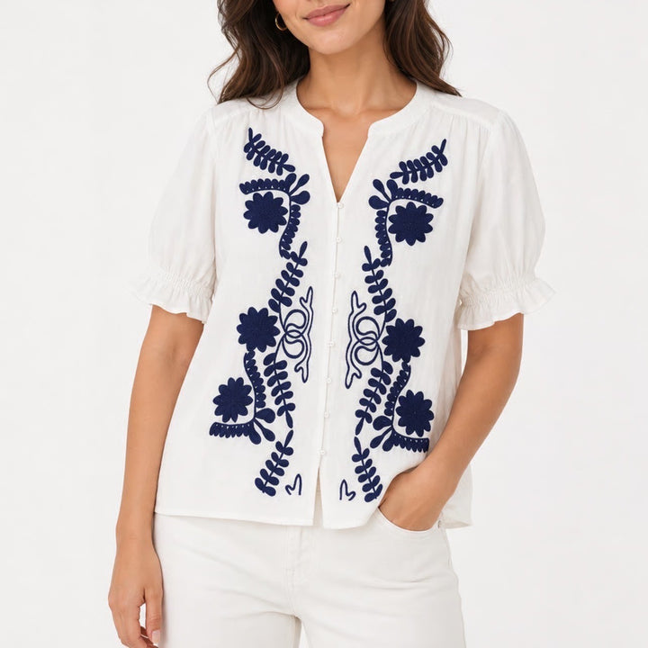 BTFBM Womens XL White Navy Blue Floral Embroidered Button Down Blouse