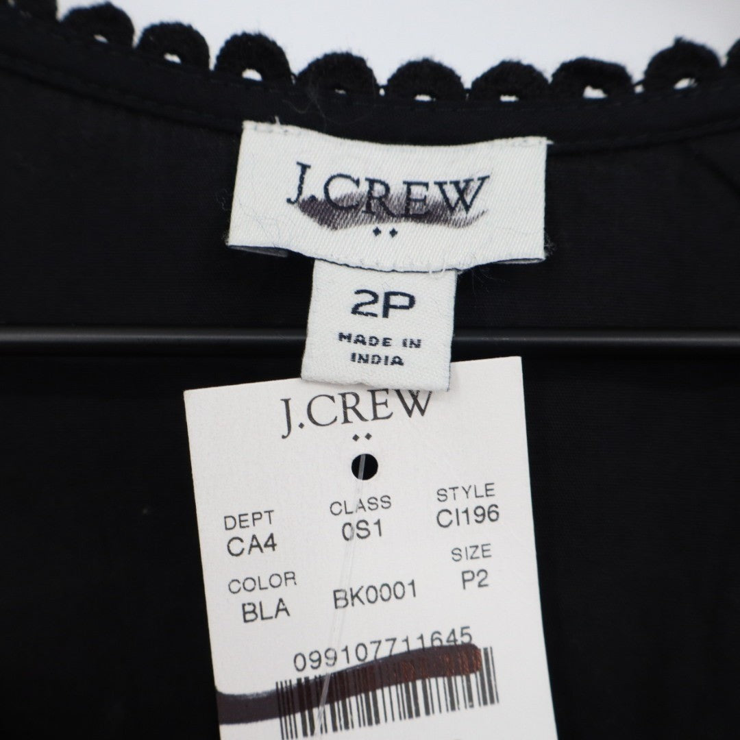 J. Crew Midi Dress Womens 2 Petite Black Cotton Stretch Lace Trim Puff Sleeve