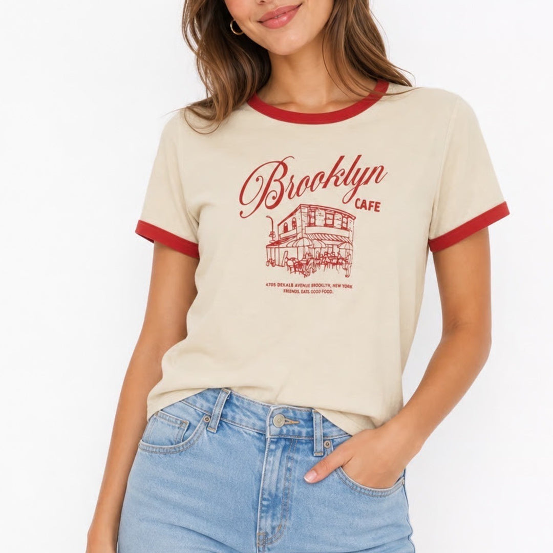 Old Navy Everywear Brooklyn Cafe Ringer Graphic T-Shirt Cream Red Large