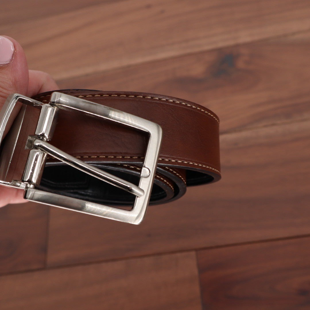 PKF Reversible Belt 34 85 Mens Brown Black Imitation Leather Silver Buckle