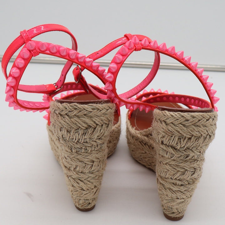 Christian Louboutin Neon Pink Studded Espadrille Wedge Sandals 38