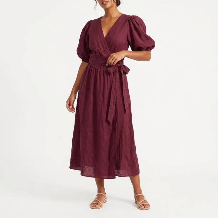 Amalie The Label Franc Midi Dress Dark Plum Linen Puff Sleeve Wrap US 6