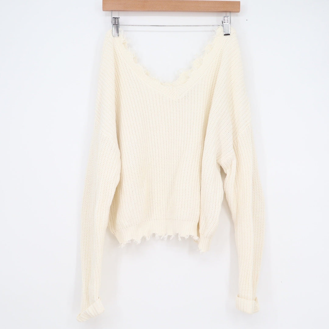 Jessica Simpson Womens XL Cream Cotton Distressed V-Neck Shaker Knit Sweater