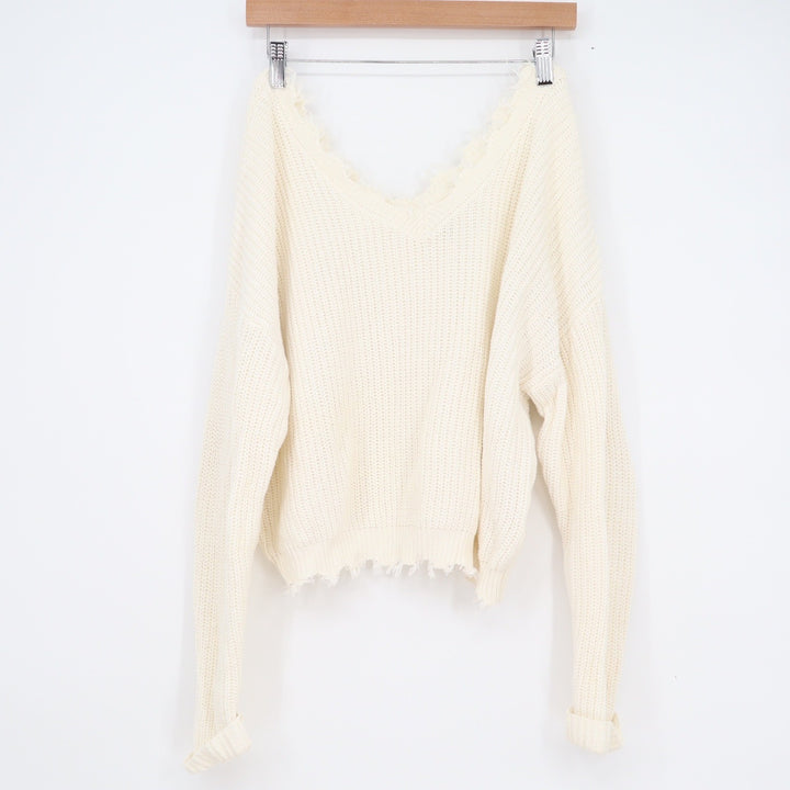 Jessica Simpson Womens XL Cream Cotton Distressed V-Neck Shaker Knit Sweater