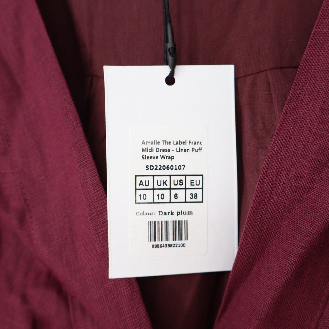 Amalie The Label Franc Midi Dress Dark Plum Linen Puff Sleeve Wrap US 6