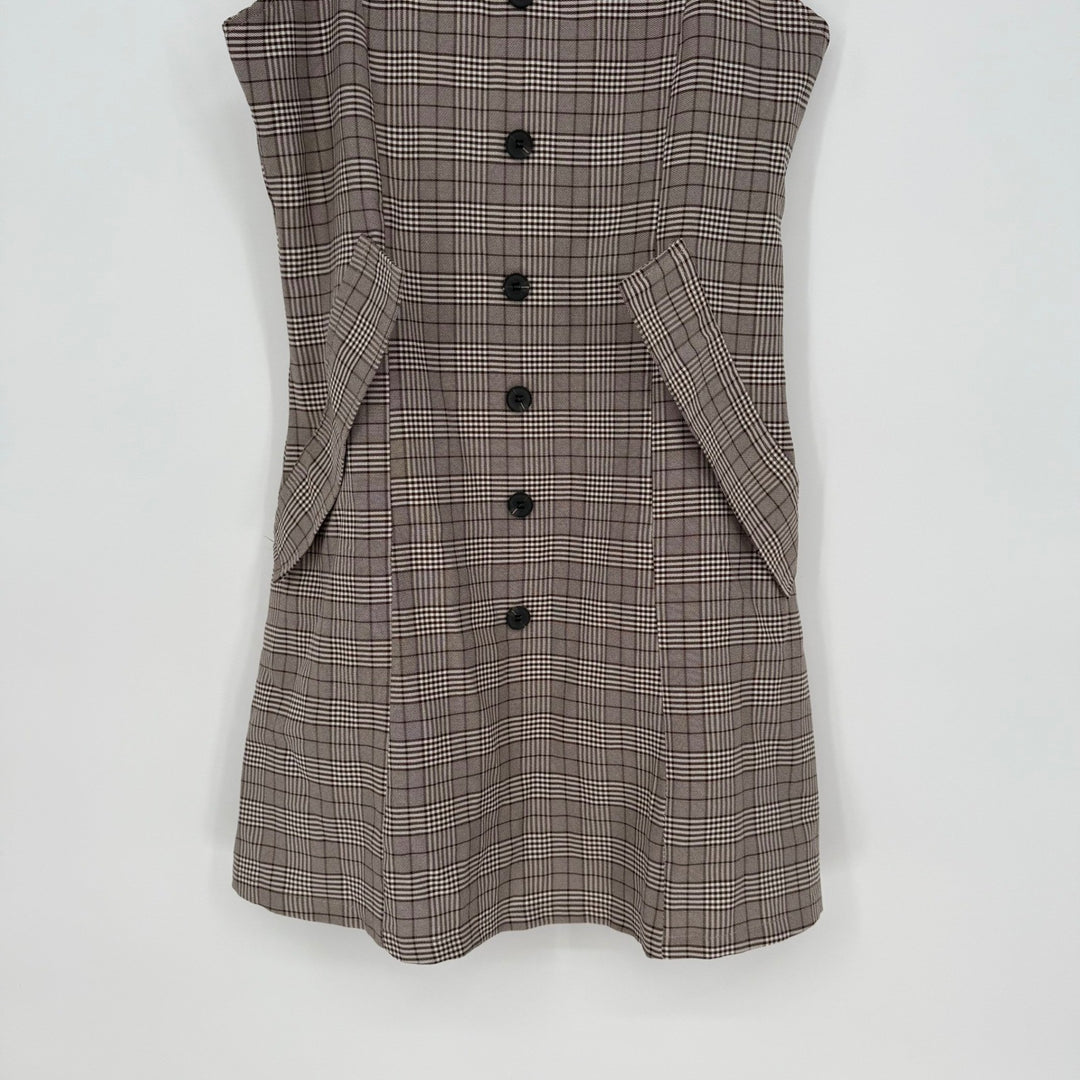 Plaid Button Front Mini Dress Sweetheart Neckline Adjustable Straps Pockets