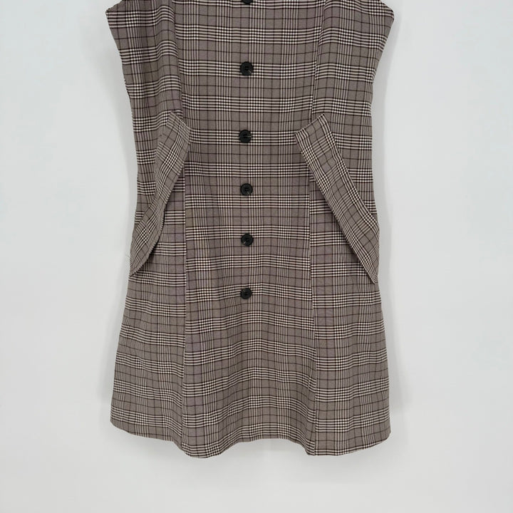 Plaid Button Front Mini Dress Sweetheart Neckline Adjustable Straps Pockets