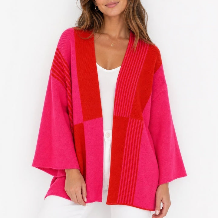 merci Womens Pink Red Colorblock Striped Open Front Cardigan Sweater Large