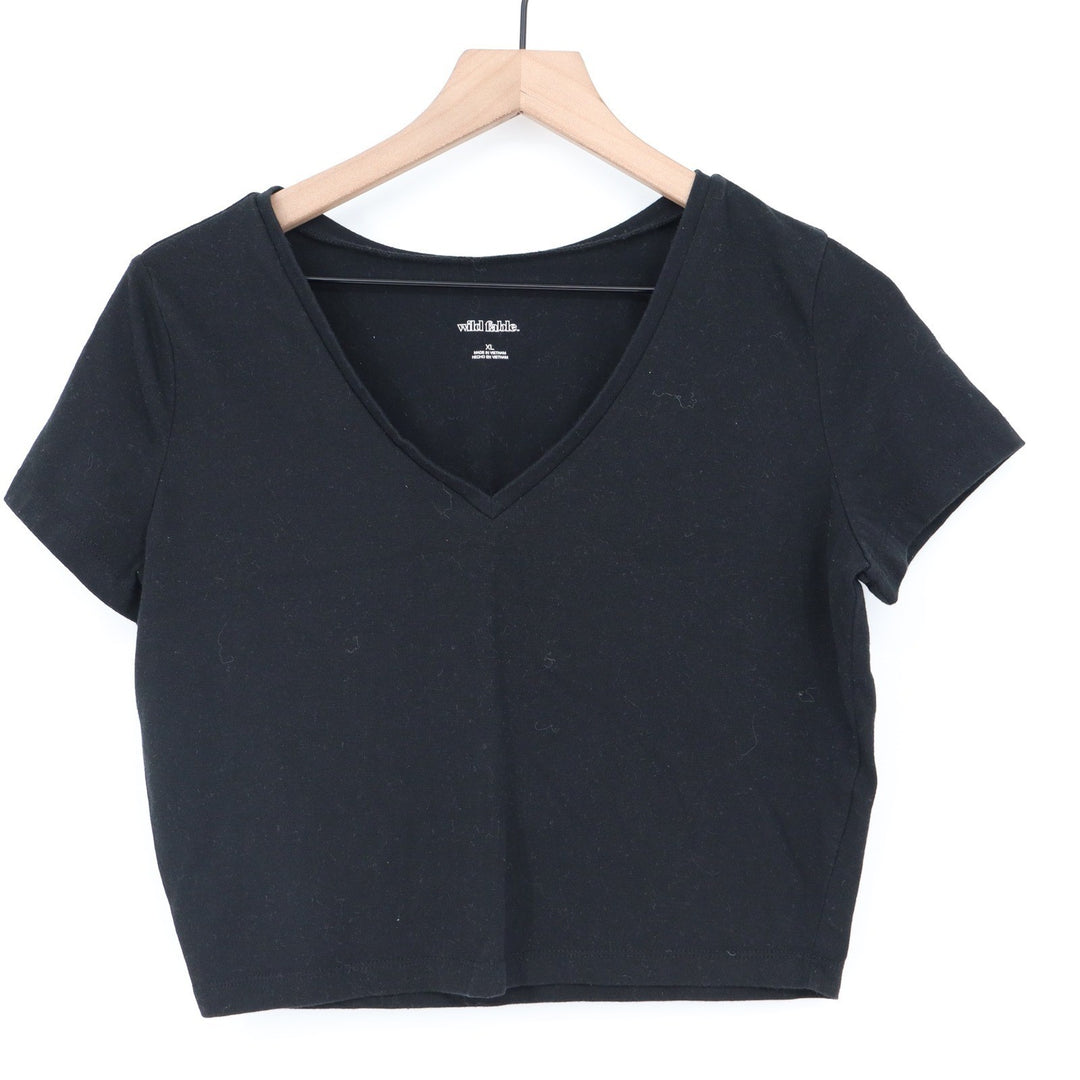 Wild Fable Womens Black V-Neck Short Sleeve Crop Top Tee XL Solid Cotton Blend