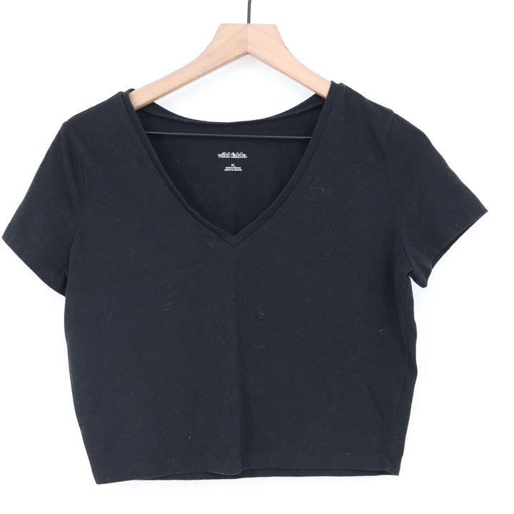 Wild Fable Womens Black V-Neck Short Sleeve Crop Top Tee XL Solid Cotton Blend
