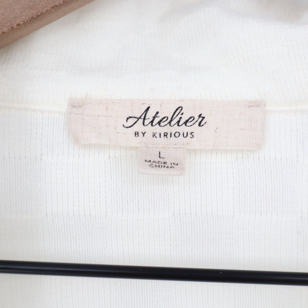 Atelier by Kirious Cream Checkered Knit Long Sleeve Polo Top V-Neck Large