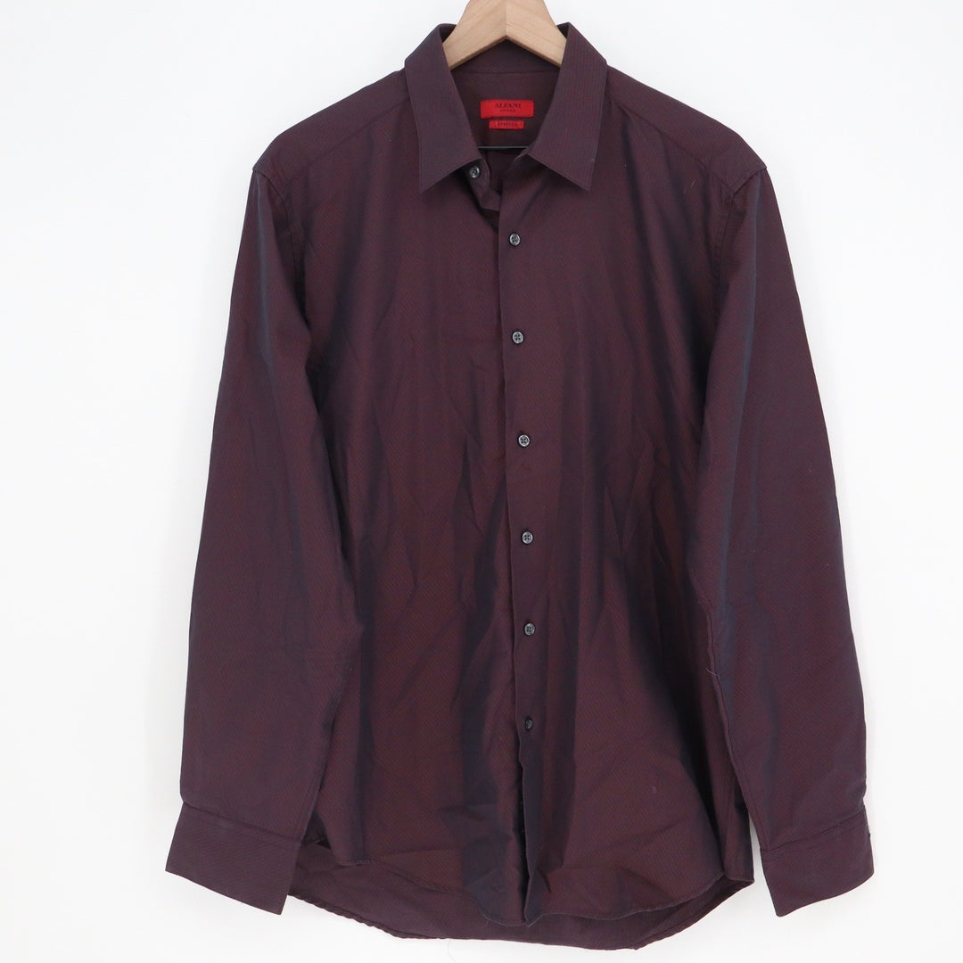 Alfani Fitted Mens Burgundy Navy Micro Stripe Stretch Dress Shirt 16 34-35 L