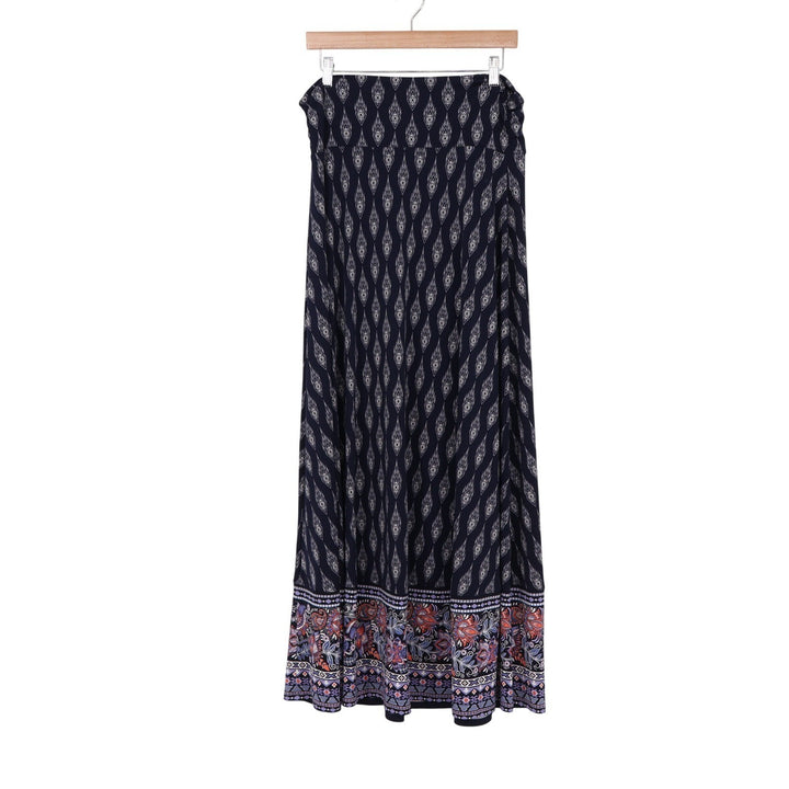 Magnolia Grace Navy Blue Geometric Floral Border Maxi Skirt Large
