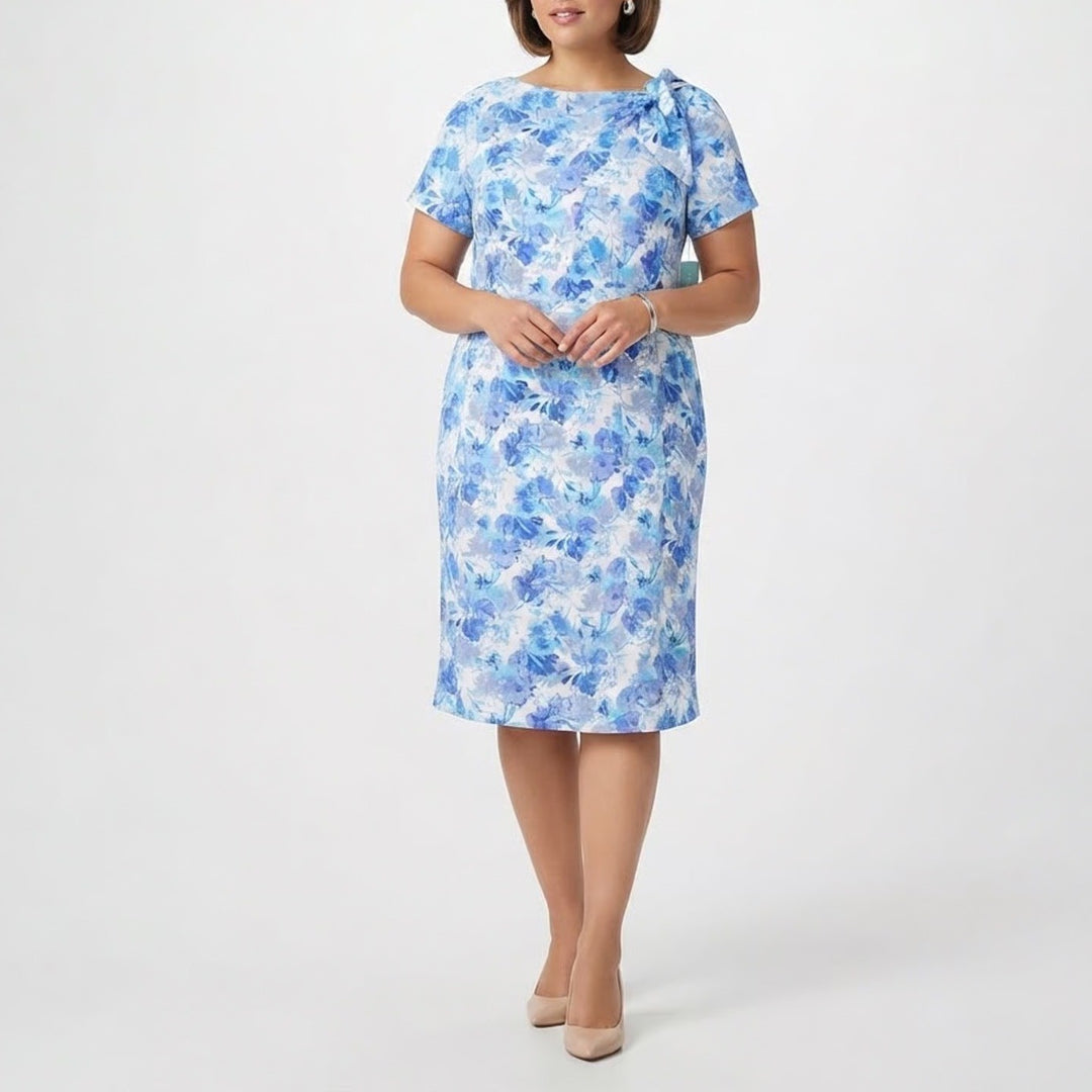 London Times Woman Blue Floral Bow Neck Midi Dress Size 18W NEW