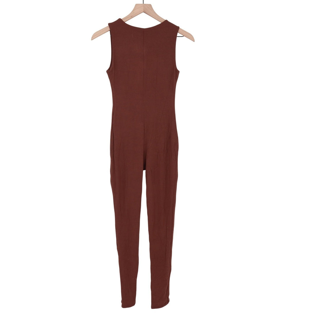 Naked Wardrobe Baby Mama Brown Sleeveless Front Zip Jumpsuit Medium