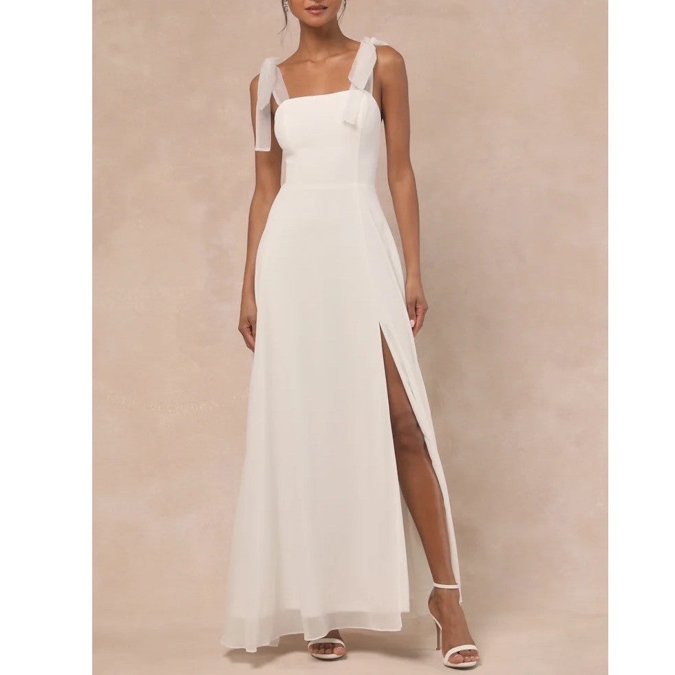 Lulus Maxi Dress Womens Small White Stretch Tie Shoulder Front Slit Back Button