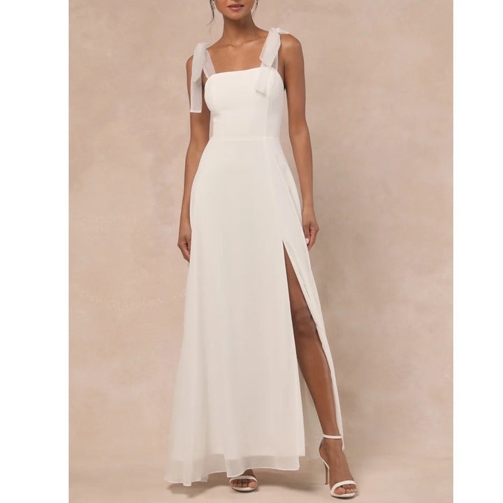Lulus Maxi Dress Womens Small White Stretch Tie Shoulder Front Slit Back Button