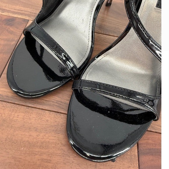 Nine West Black Patent Leather Ankle Strap Stiletto Heel Sandals Size 8M