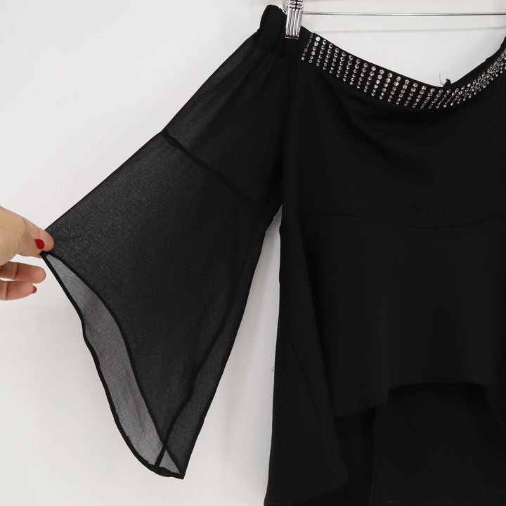 Orna Farho Paris Nina Black Off-Shoulder Crystal Embellished High-Low Top