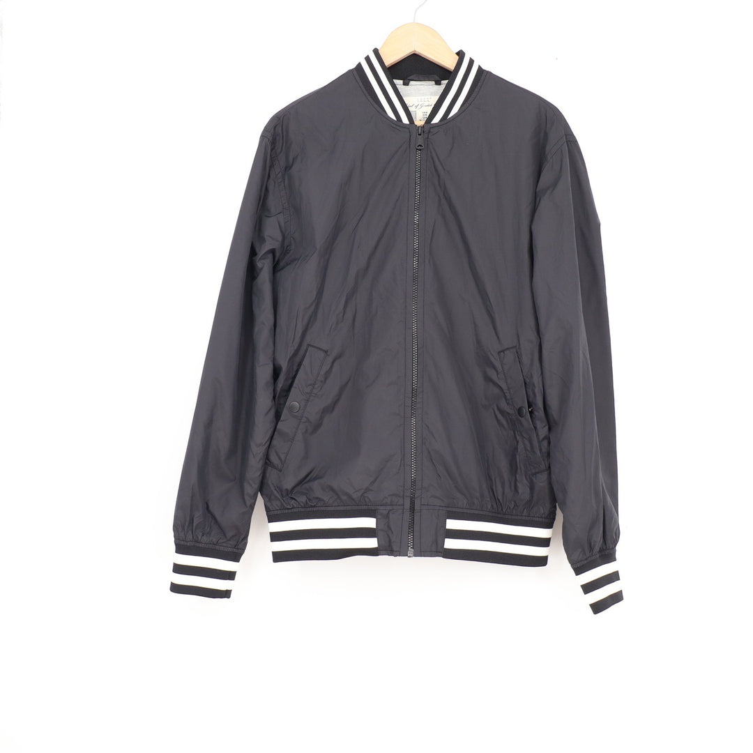 HM LOGG Mens Bomber Jacket Black Striped Trim Varsity Zip Up Medium