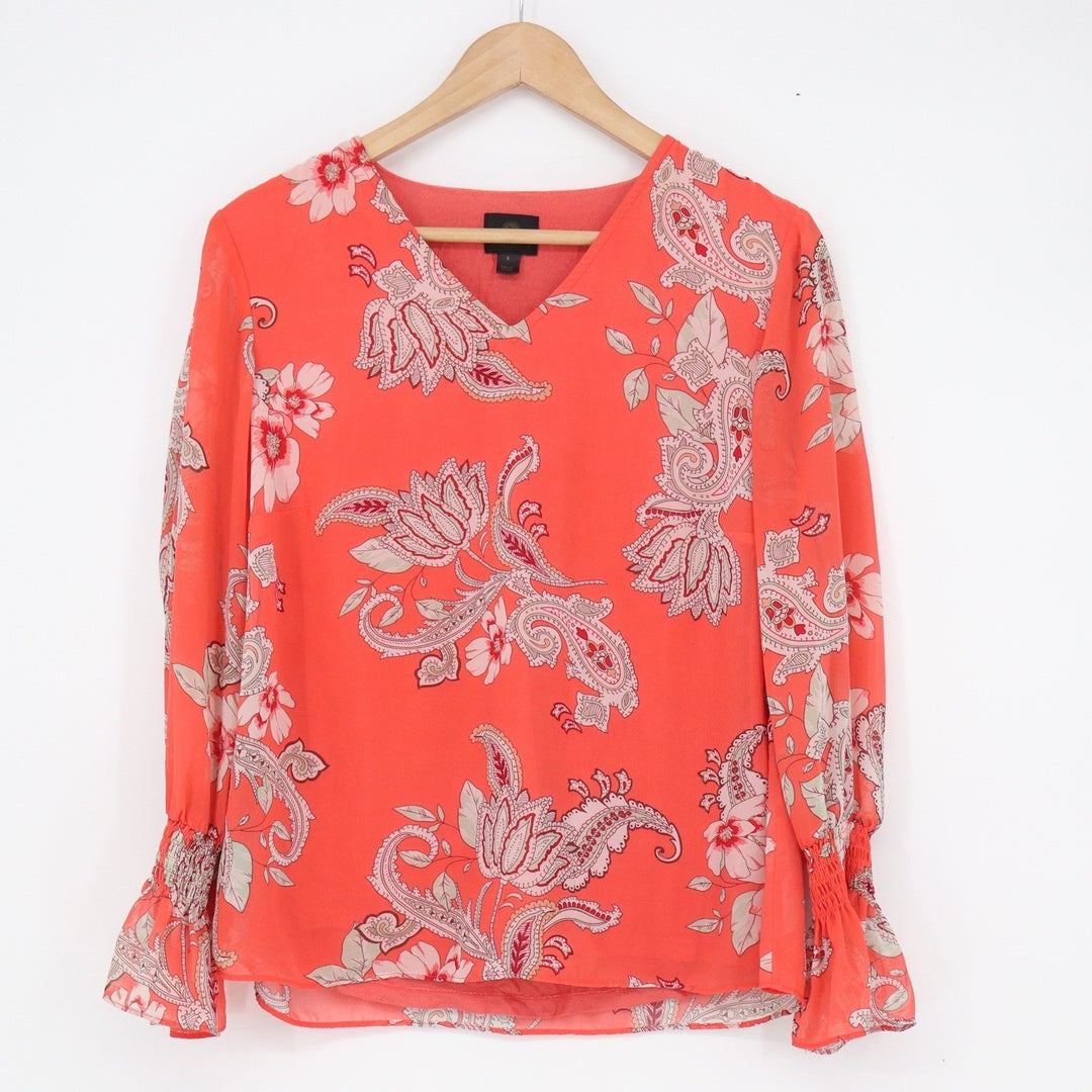 JM Collection Coral Orange Paisley Floral V-Neck Blouse Smocked Bell Cuff Small