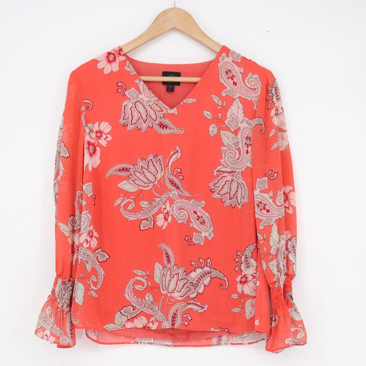 JM Collection Coral Orange Paisley Floral V-Neck Blouse Smocked Bell Cuff Small