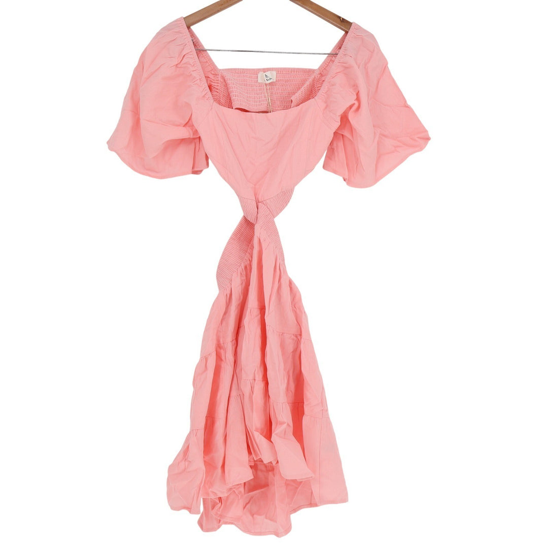 Shy Velvet Pink Cotton Cutout Mini Dress Twisted Front Puff Sleeve Large