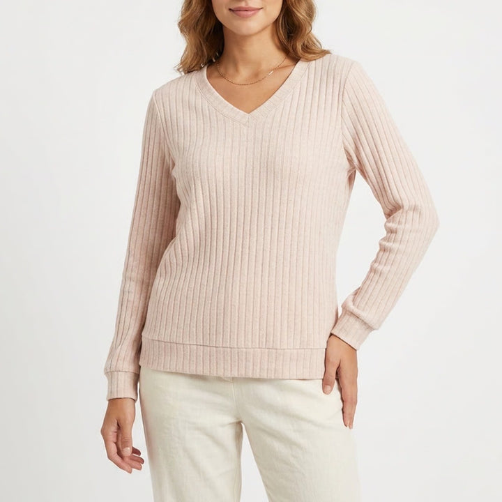 Automet Sweater Womens Large Blush Stretch Knit Rib Long Sleeve V-Neck Pullover