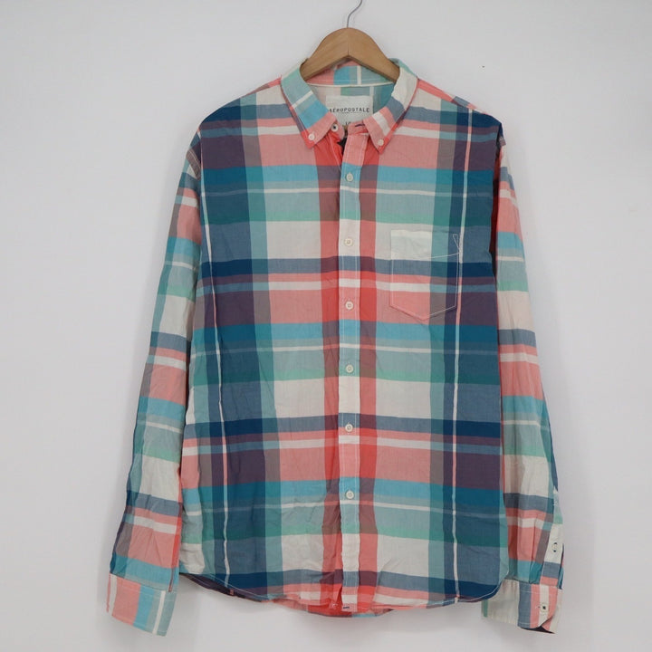 Aeropostale Mens Large Plaid Button Down Shirt Teal Coral White Cotton