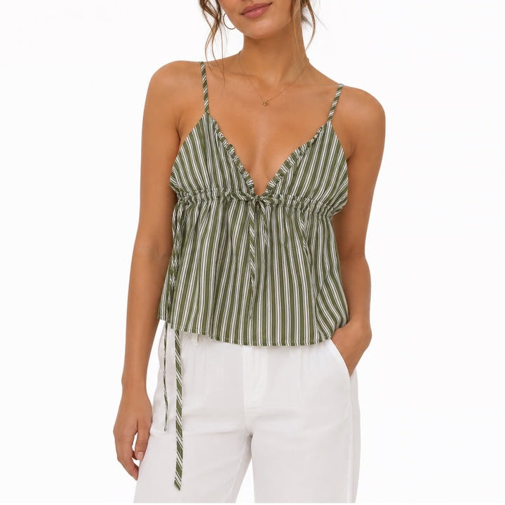 Shein Green White Striped Ruffle Camisole Crop Top Side Tie Size L