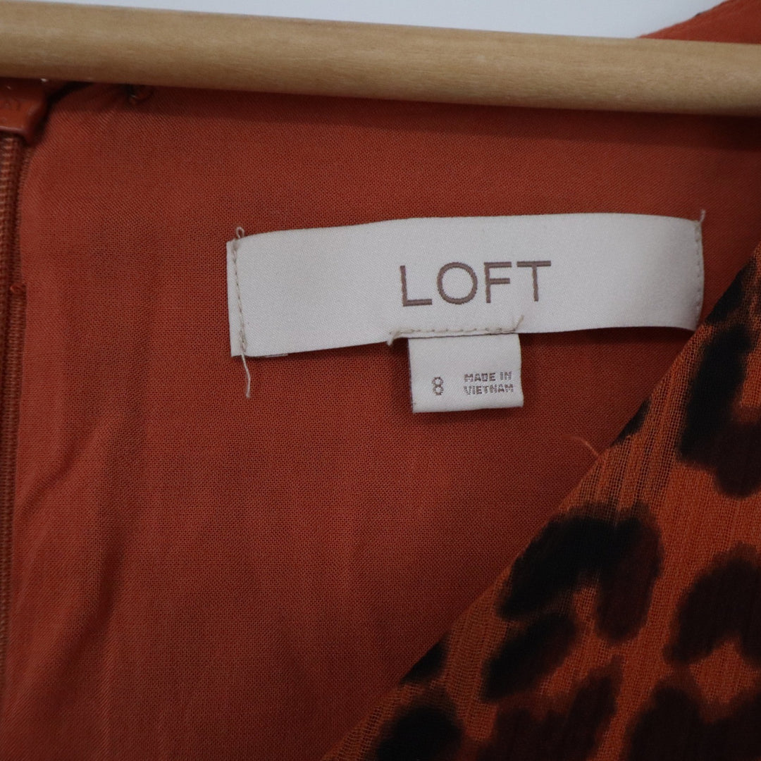 Loft Womens Rust Orange Leopard Print Tiered V-Neck Midi Dress Size 8