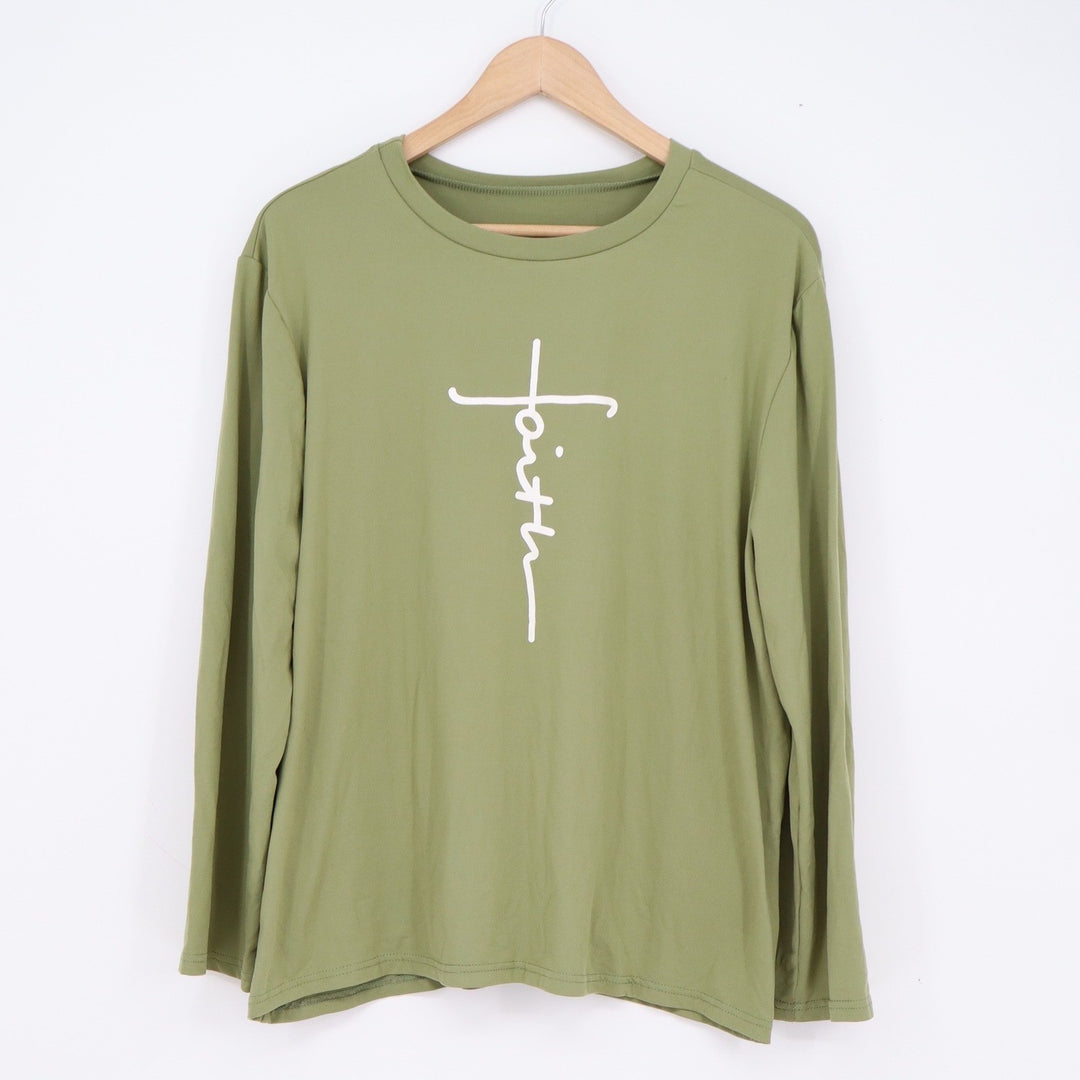 Faith Cross Graphic Long Sleeve T-Shirt Olive Green Crewneck Religious Top L